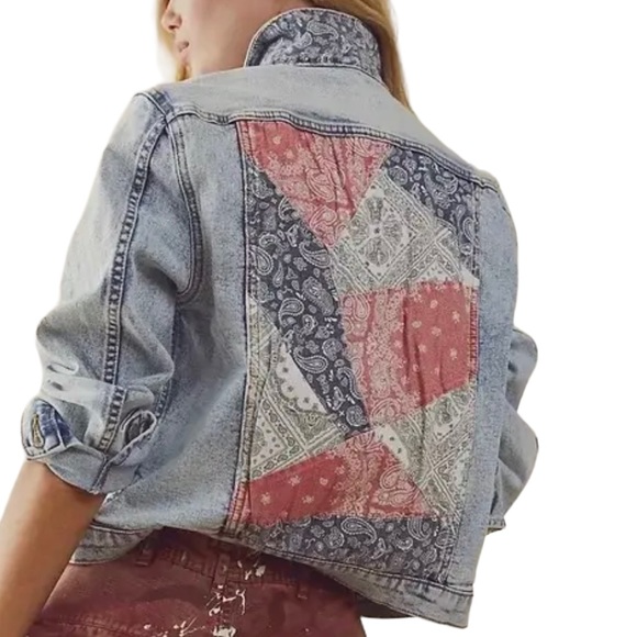 NWT Free People x Driftwood Trucker Bandana Insert Denim Jacket xs - Picture 10 of 12